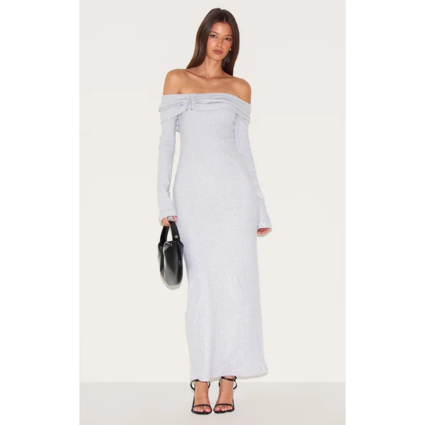 Ash Grey Heavy Brushed Rib Bardot Trim Maxi Dress