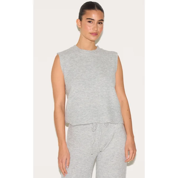 Ash Grey Marl Soft Knit High Neck Sleeveless Crop Top