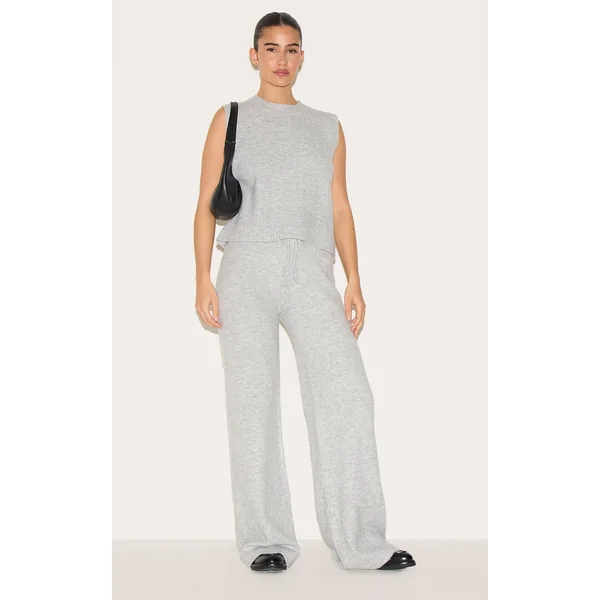 Ash Grey Marl Soft Knit Wide Leg Pants