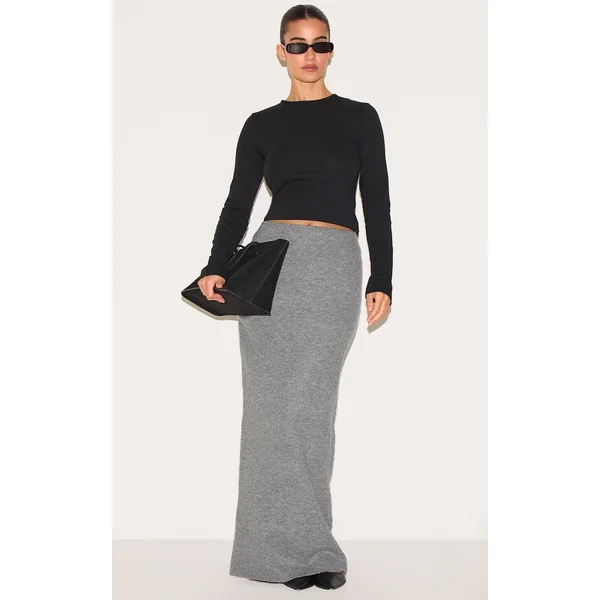 Ash Grey Melange Soft Knit Maxi Skirt