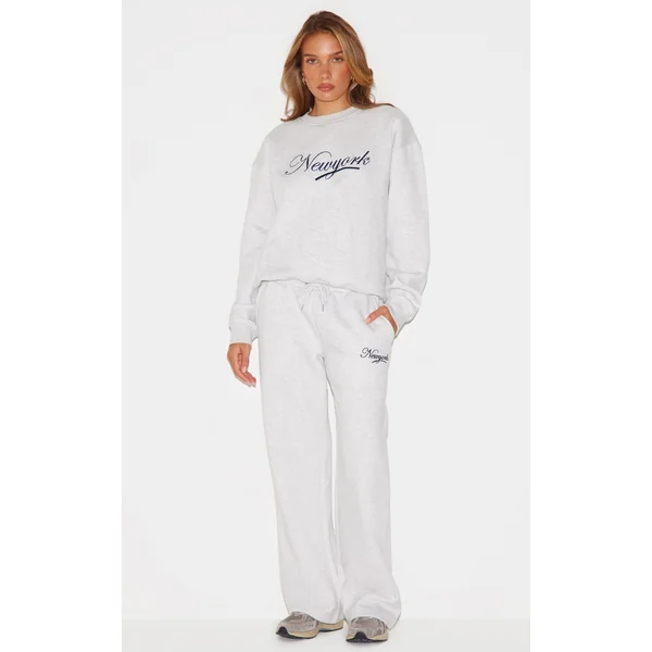 Ash Grey New York Embroidered Wide Leg Sweatpants