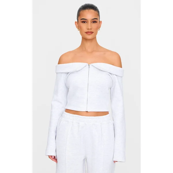 Ash Grey Off The Shoulder Zip Front Sweat Top