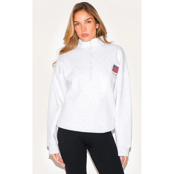 Ash Grey Oversized Quarter Zip Usa Sweatshirt
