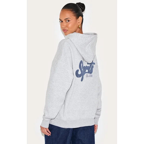 Ash Grey Oversized Sports Borg Applique Hoodie