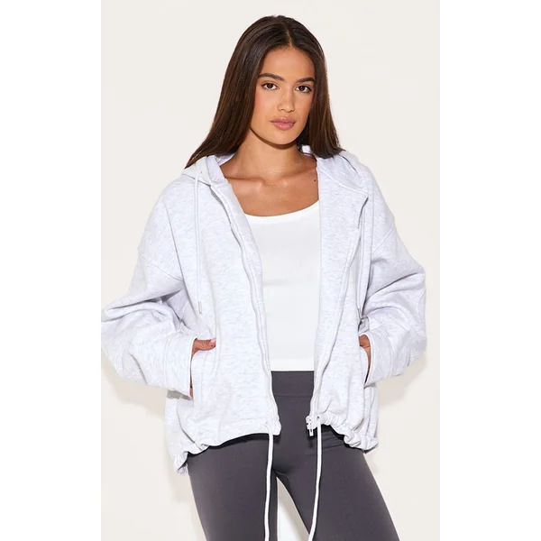 Ash Grey Oversized Zip Up Toggle Waist Hoodie