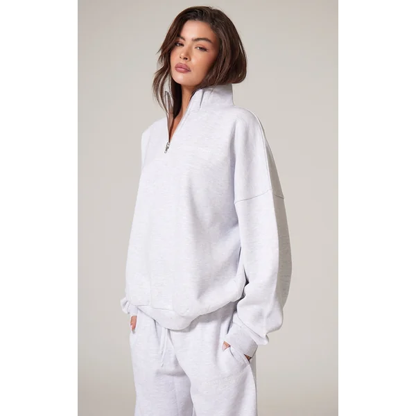 Ash Grey Premium High Neck Quarter Zip Oversized Sweatshirt