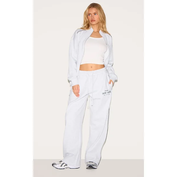 Ash Grey Premium New York Embroidered Wide Leg Sweatpants