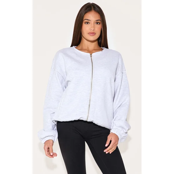 Ash Grey Premium Oversized Boxy Collarless Zip Sweat Top