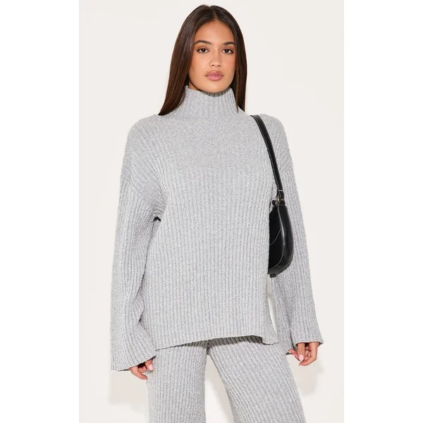 Ash Grey Rib Boucle Knit Oversized Sweater