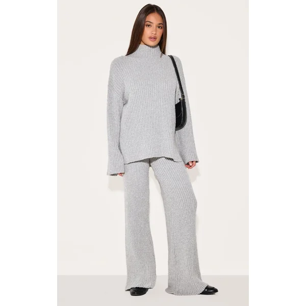 Ash Grey Rib Boucle Knit Wide Leg Pants