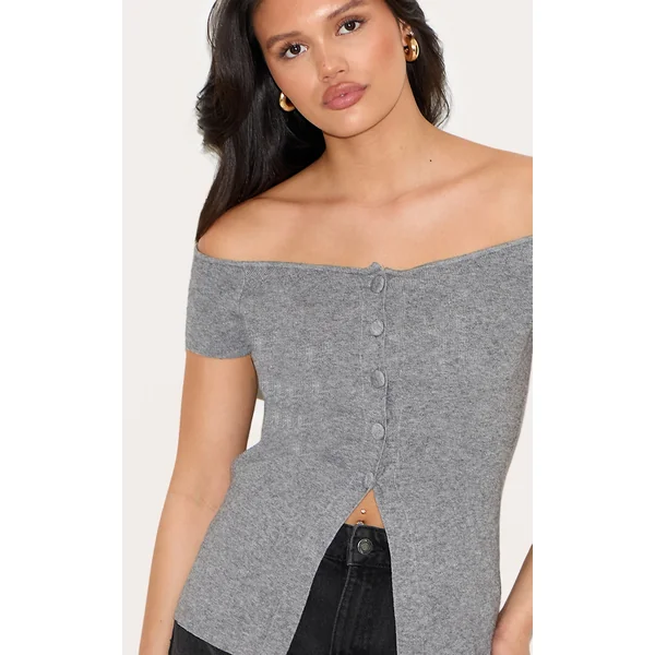 Ash Grey Rib Knit Button Up Bardot Split Hem Top