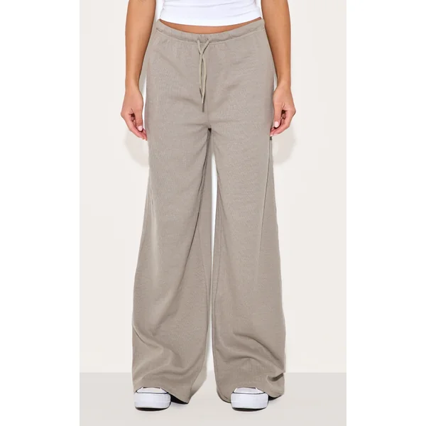 Ash Grey Ribbed Drawstring Waist Basic Wide Leg Pants
