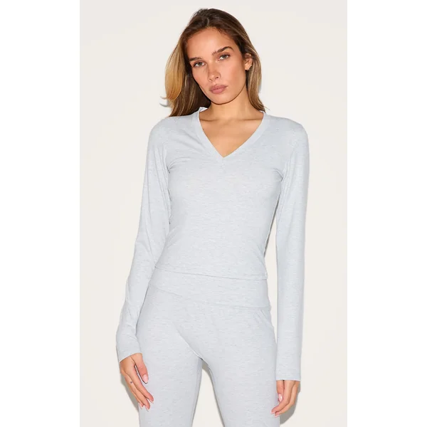 Ash Grey Sculpt V Neck Long Sleeve Top