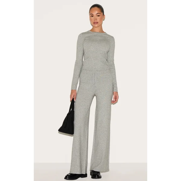 Ash Grey Soft Knit Drawstring Waist Wide Leg Pants