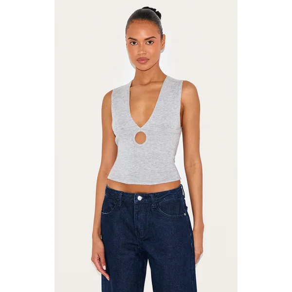 Ash Grey Soft Knit Plunge Detail Crop Top