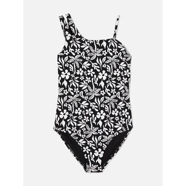 Asymmetric Floral Swimsuit - Black/White