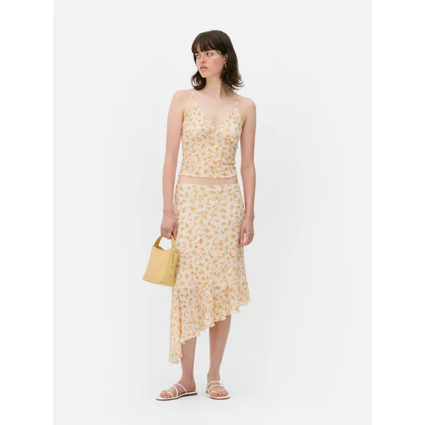 Asymmetric Printed Lace Skirt - Yellow