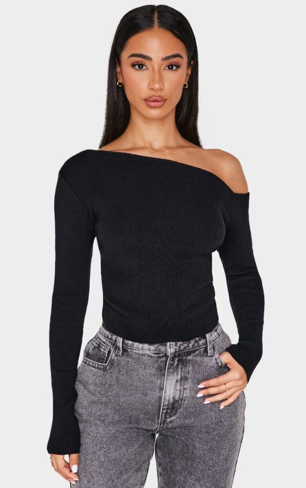 Petite Black Knitted Asymmetric Long Sleeve Top