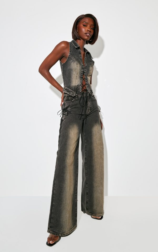 Tall Vintage Black Wash Lace Up Pocket Mid Rise Straight Leg Jeans
