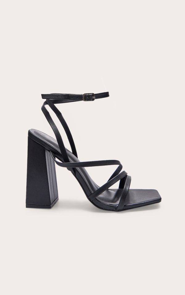 Black Wide Fit PU Square Toe Strappy High Block Heeled Sandals