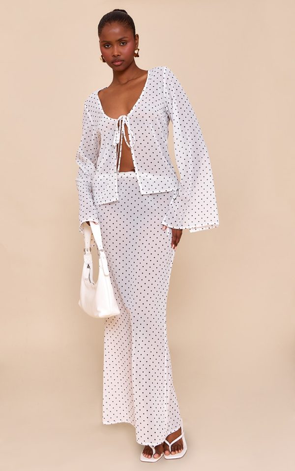 White Sheer Polka Dot Tie Side Maxi Skirt