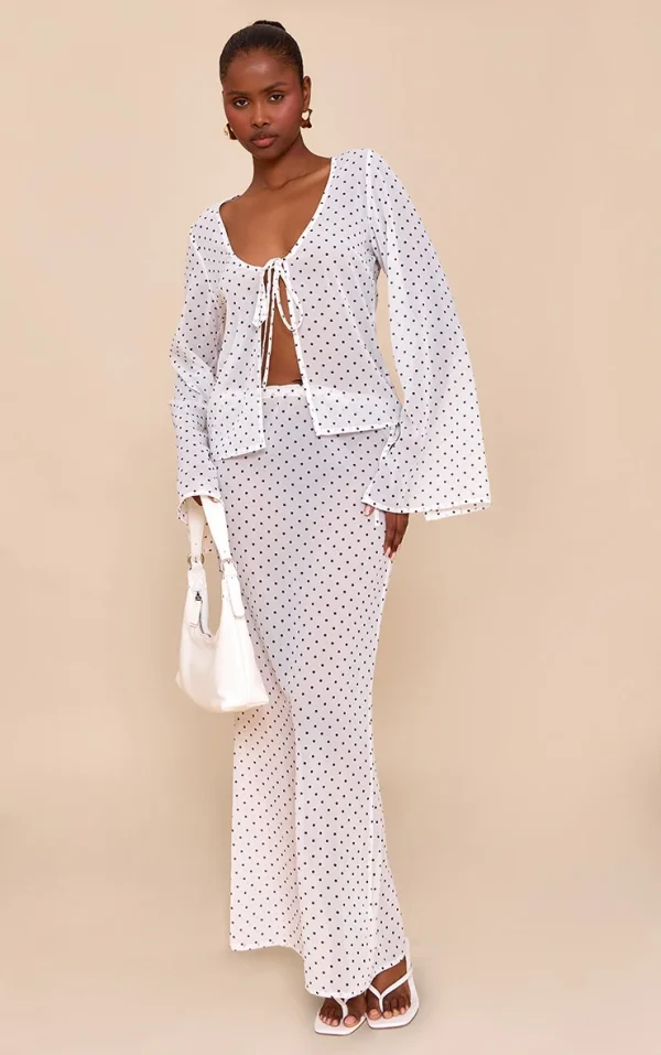White Sheer Polka Dot Tie Side Maxi Skirt