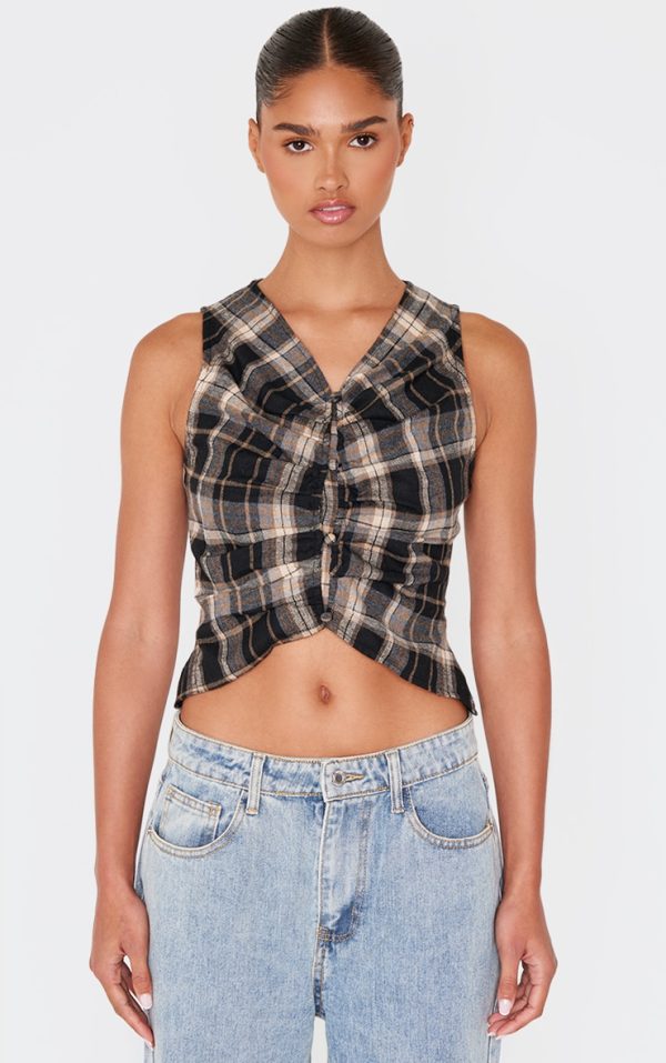 Brown Check Ruched Front Long Top