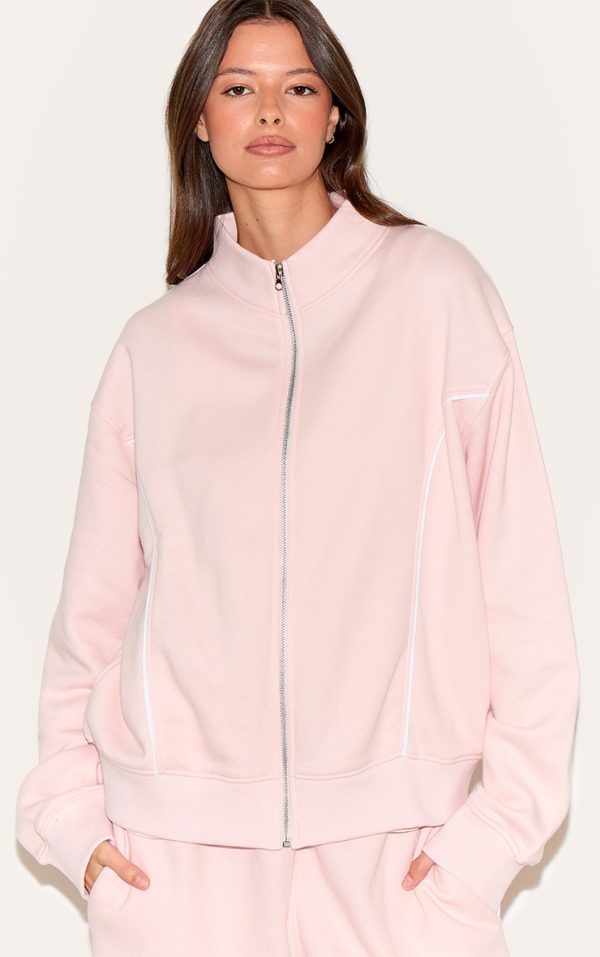 Baby Pink Contrast Seam Zip Through Sweatshirt