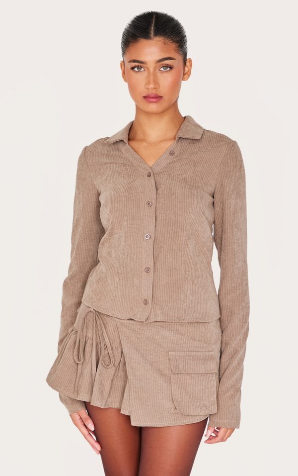 Taupe Peach Skin Pinstripe Long Sleeve Cargo Shirt