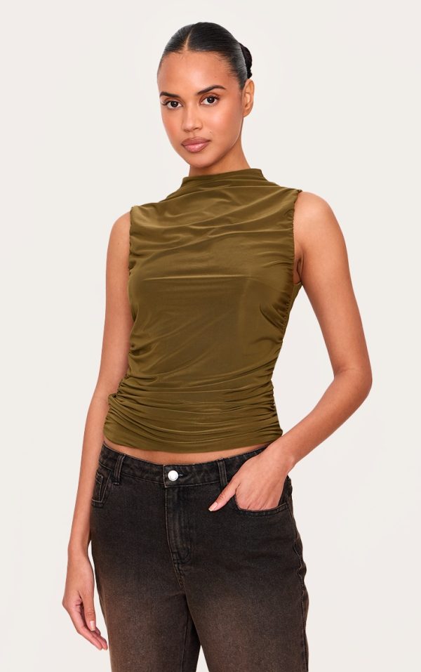Olive Double Layer Slinky Ruched Detail Long Top