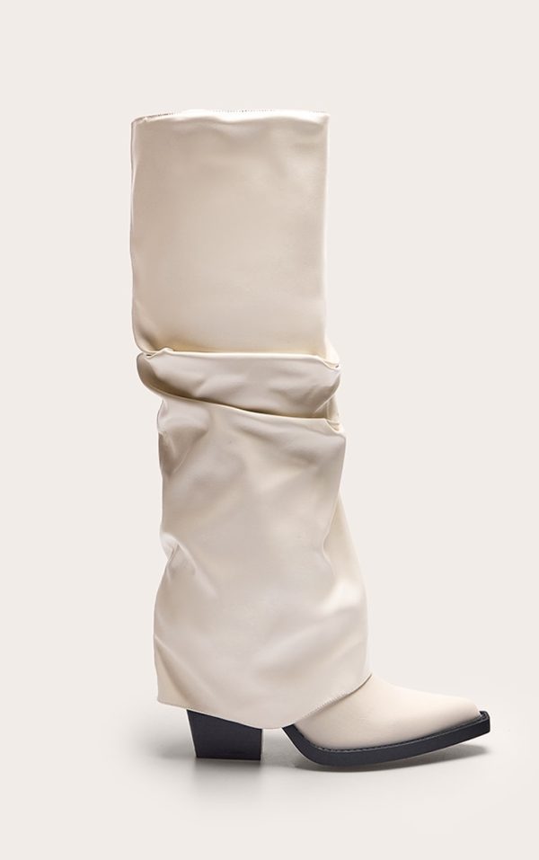 Cream Pu Point Toe Fold Over Block Heel Knee High Boots
