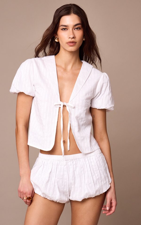 White Embroidered Cotton Tie Front Blouse