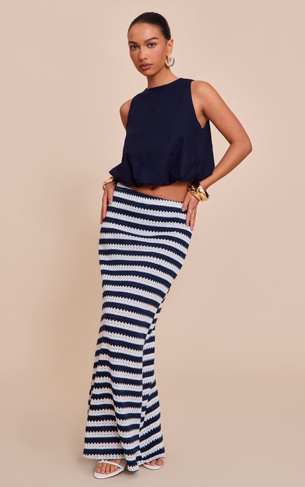 Indigo Striped Textured Jersey Maxi Skirt