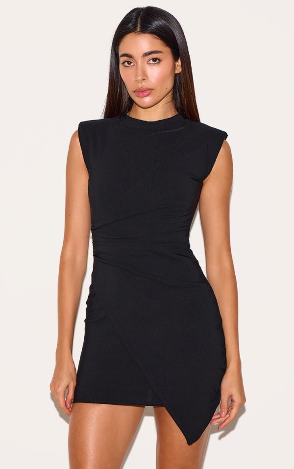 Black Structured Sleeveless Ruched Mini Dress
