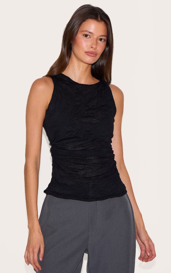 Black Crinkle Mesh Twist Shoulder Long Top