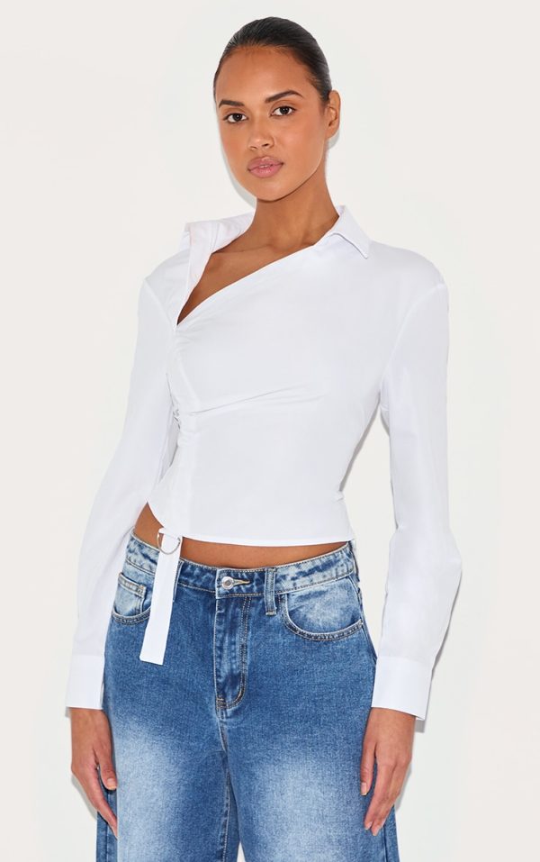 White Ruched Buckle Asymmetric Shirt