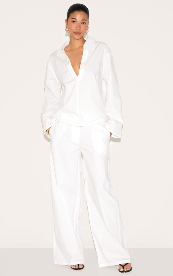 White Cotton Poplin Mid Rise Wide Leg Pants