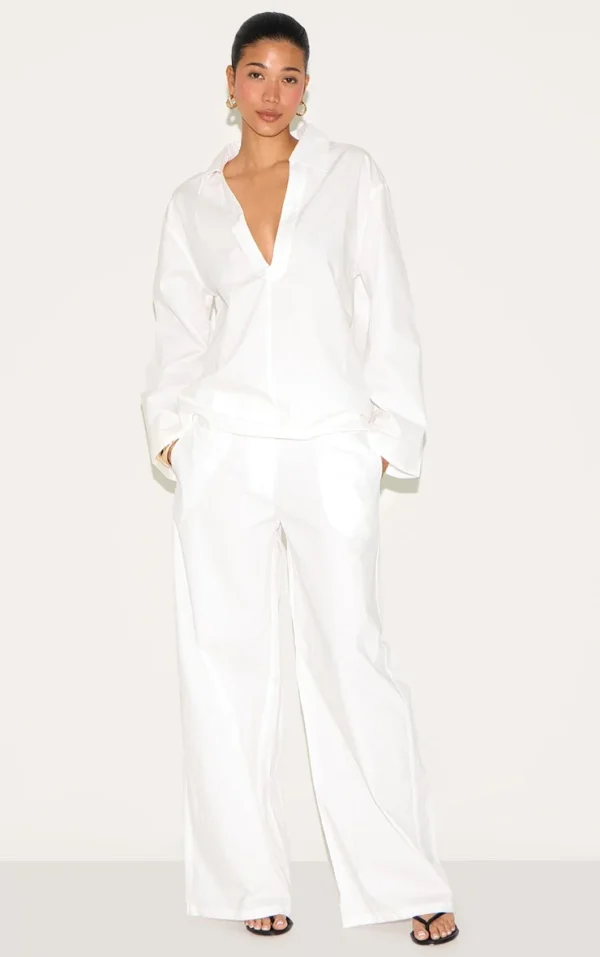 White Cotton Poplin Mid Rise Wide Leg Pants