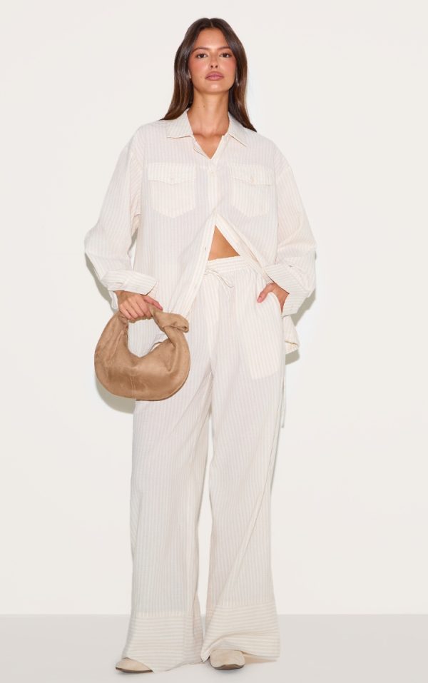Stone Striped Linen Drawstring Wide Leg Pants