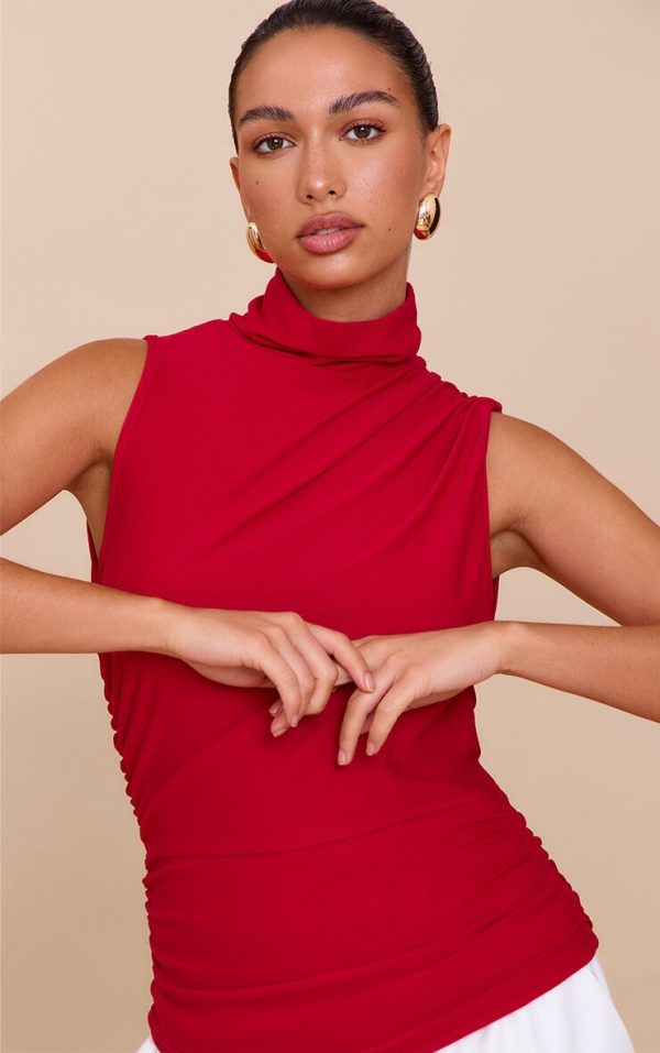 Red Soft Touch Ruched Side High Neck Top