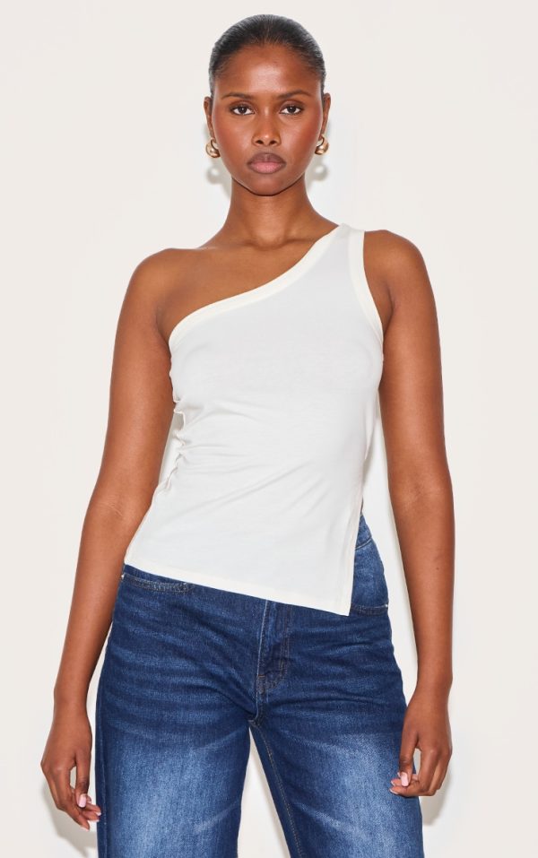 Cream One Shoulder Long Vest Top