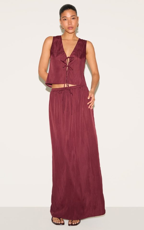 Plum Textured Tie Waist Detail Maxi Skirt