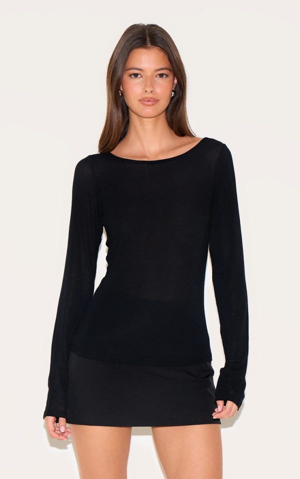 Black Sheer Soft Touch Crew Neck Long Sleeve Top