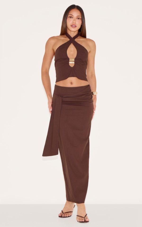 Tall Chocolate Woven Drape Detail Midaxi Skirt