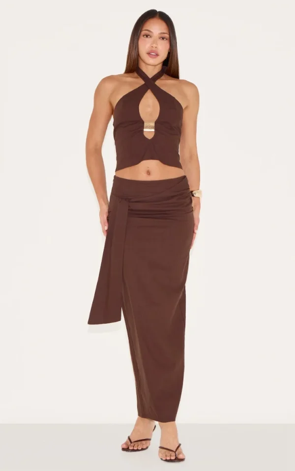 Tall Chocolate Woven Drape Detail Midaxi Skirt