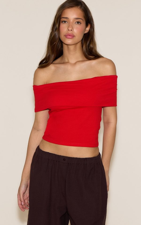Tomato Red Soft Cotton Bardot Top