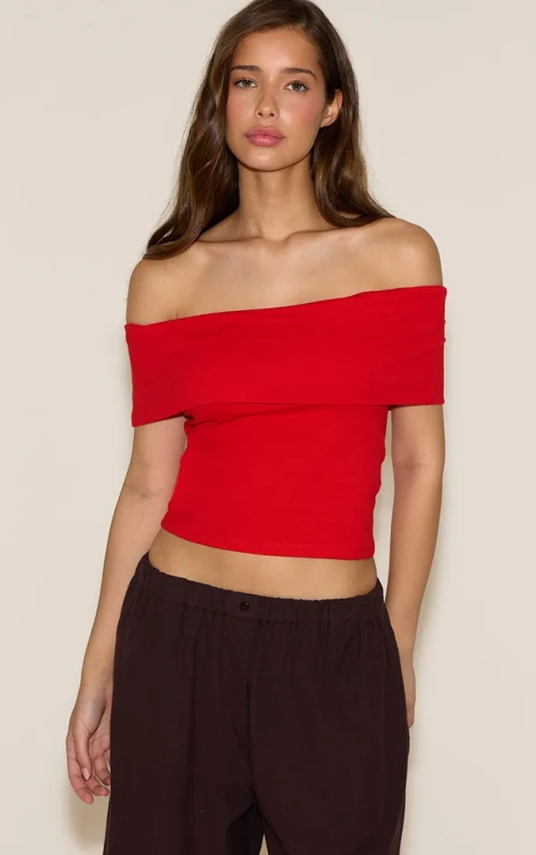 Tomato Red Soft Cotton Bardot Top