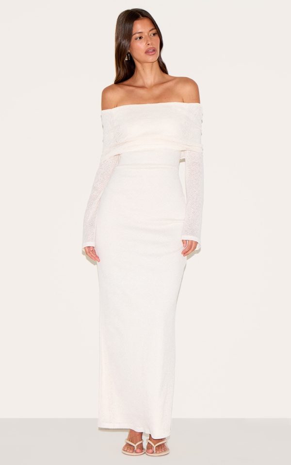 Cream Textured Bardot Foldover Maxi Dress