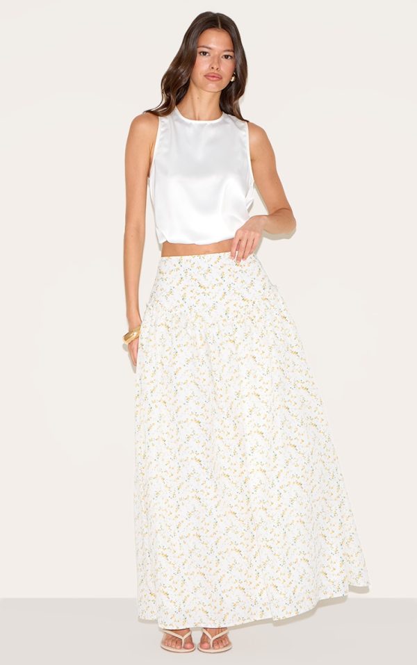 White Ditsy Floral Print Volume Maxi Skirt