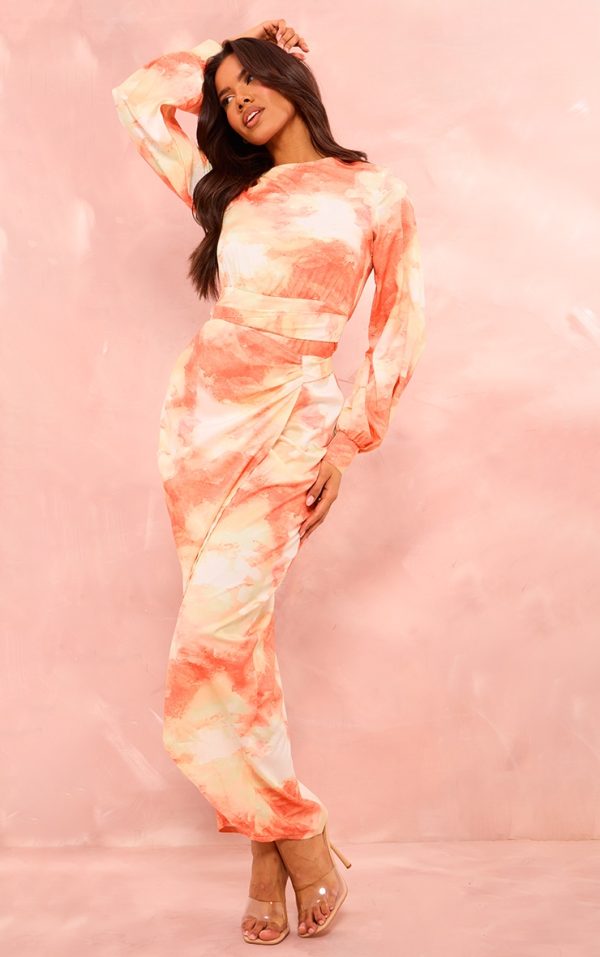 Orange Watercolour Print Tassel Tie Wrap Maxi Dress